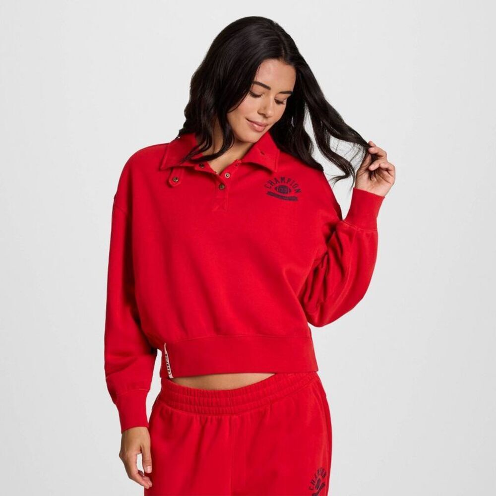 Champion Women's Long Sleeve Fleece 1/4 Snap Cropped Pullover - Red S